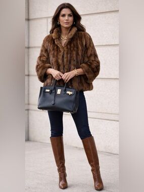 Mink Jacket Capelet M/L Collar Waist Length Brown Lush Soft Bespoke Vtg Pockets